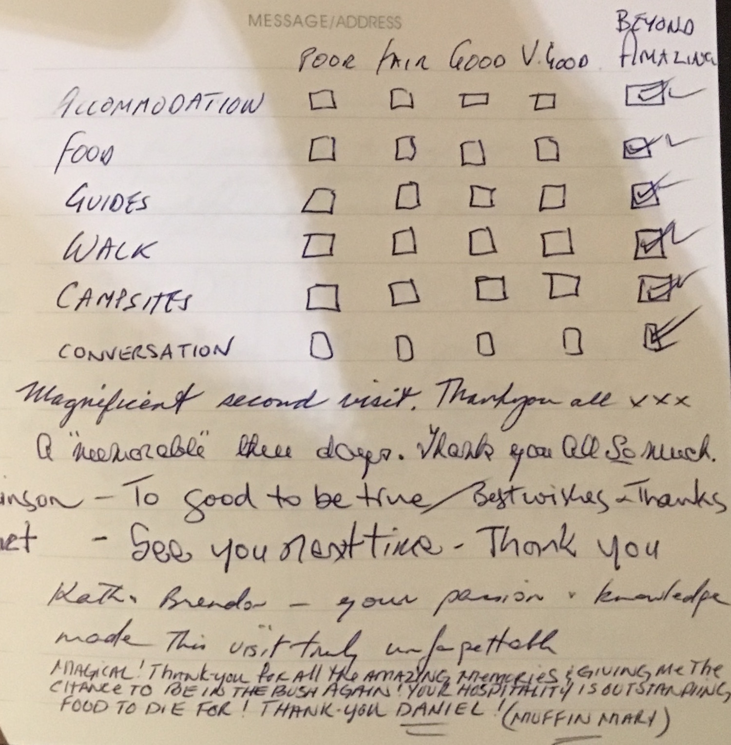 Guest feedback from their stay at Arkaba